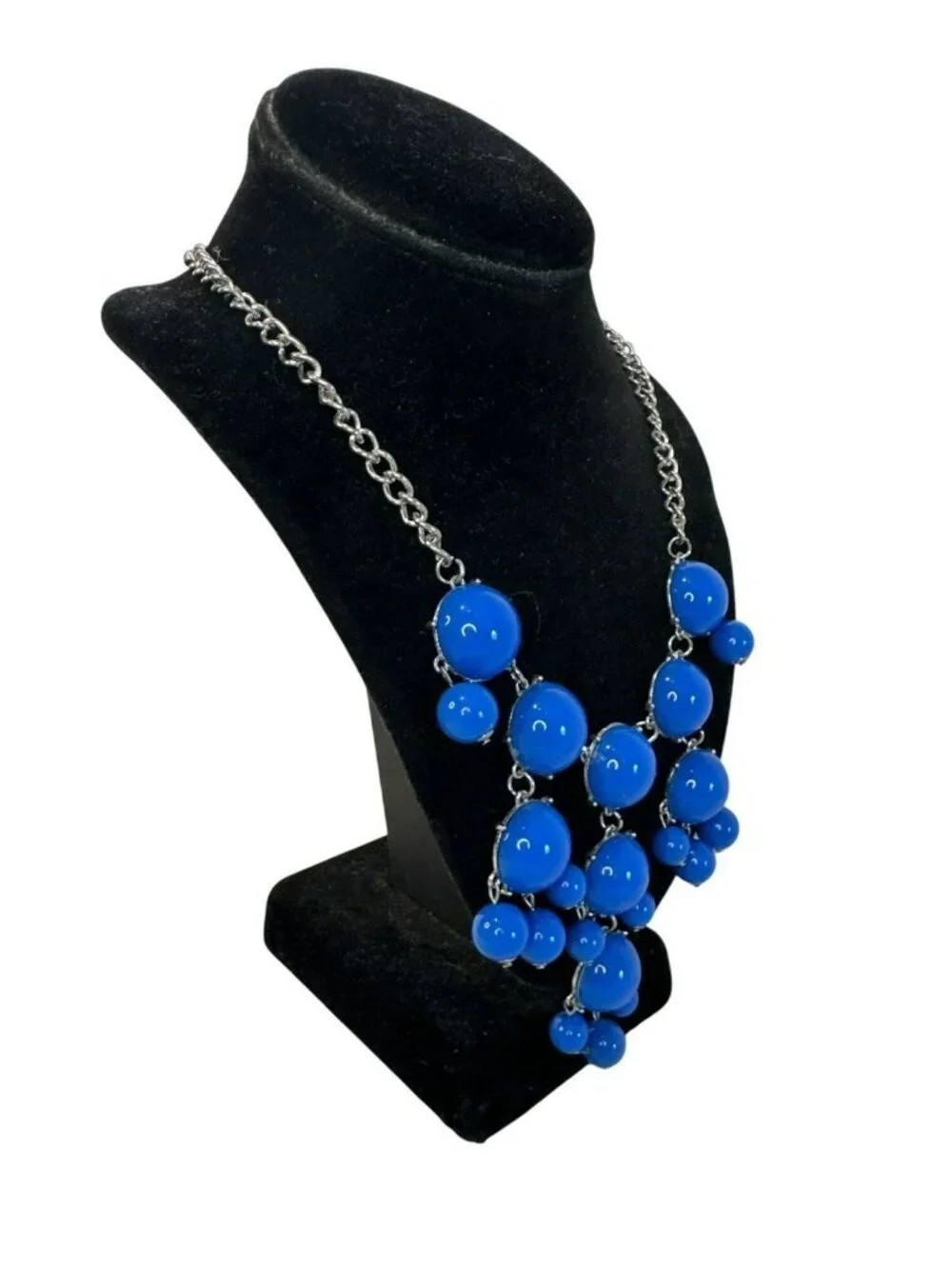 Bubble Statement Necklace Bib Blue Beads & Silver Chain 20
